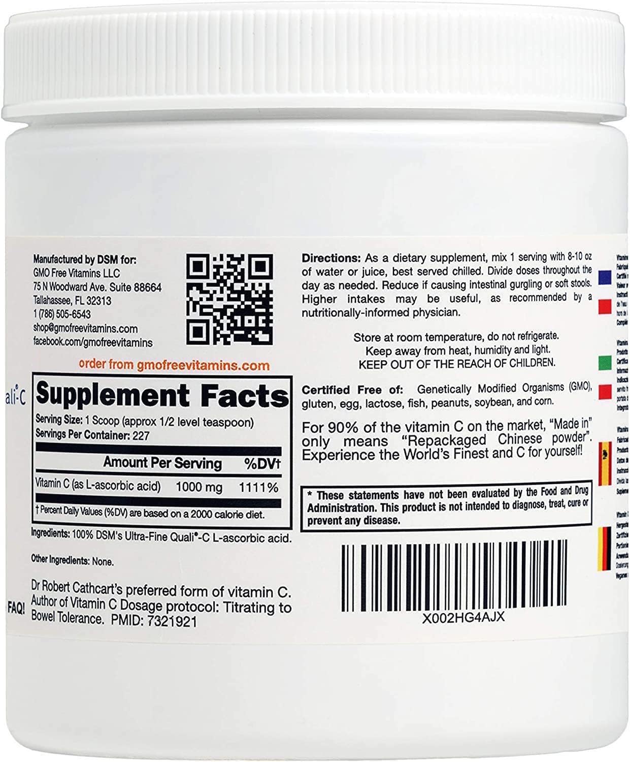 Vitamina C en Polvo Ultra Fina, No GMO, GMO Free Vitamins - Ácido L-Ascórbico Quali-C de Alta Pureza, Máxima Biodisponibilidad, Vegano (227 g)