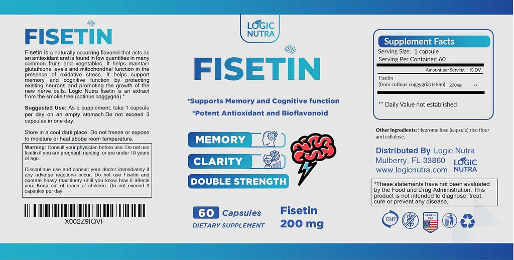 Logic Nutra Fisetina Doble Concentración - 200 mg por Cápsula - 60 Cápsulas - Suplemento Antioxidante