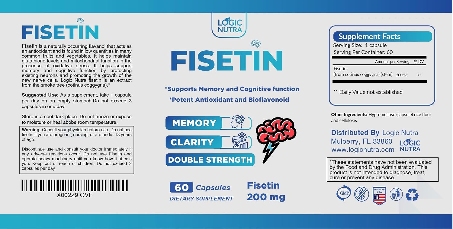 Logic Nutra Fisetina Doble Concentración - 200 mg por Cápsula - 60 Cápsulas - Suplemento Antioxidante