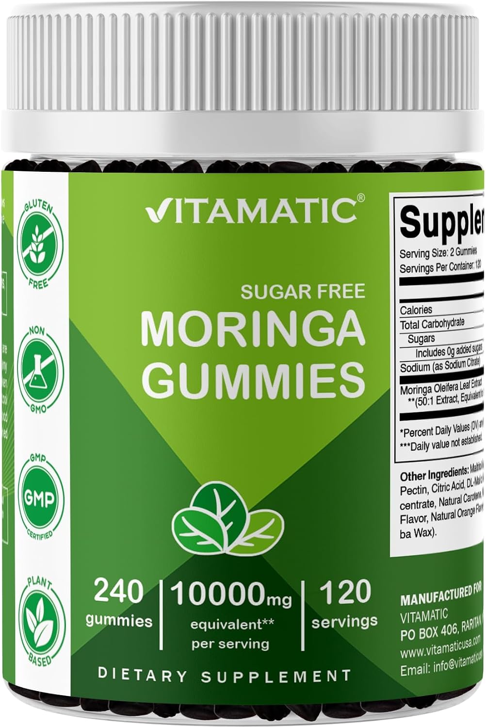 Vitamatic Moringa Gummies – Sin Azúcar – Extracto 50:1 – Superalimento Verde – A base de Pectina – Vegano – No transgénico – 240 Gominolas