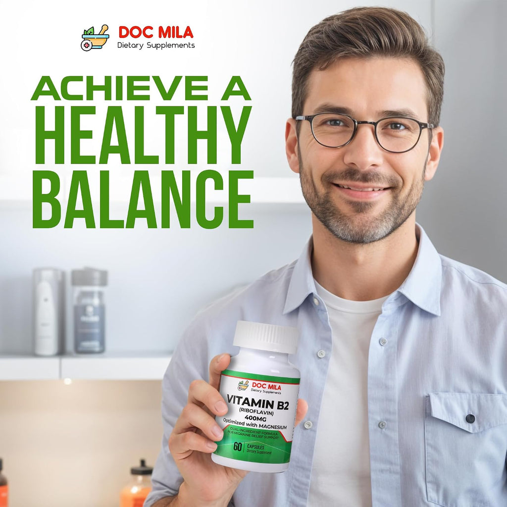 Vitamina B2 Riboflavina 400mg con Magnesio – 60 Cápsulas Veganas para el Alivio de Migrañas