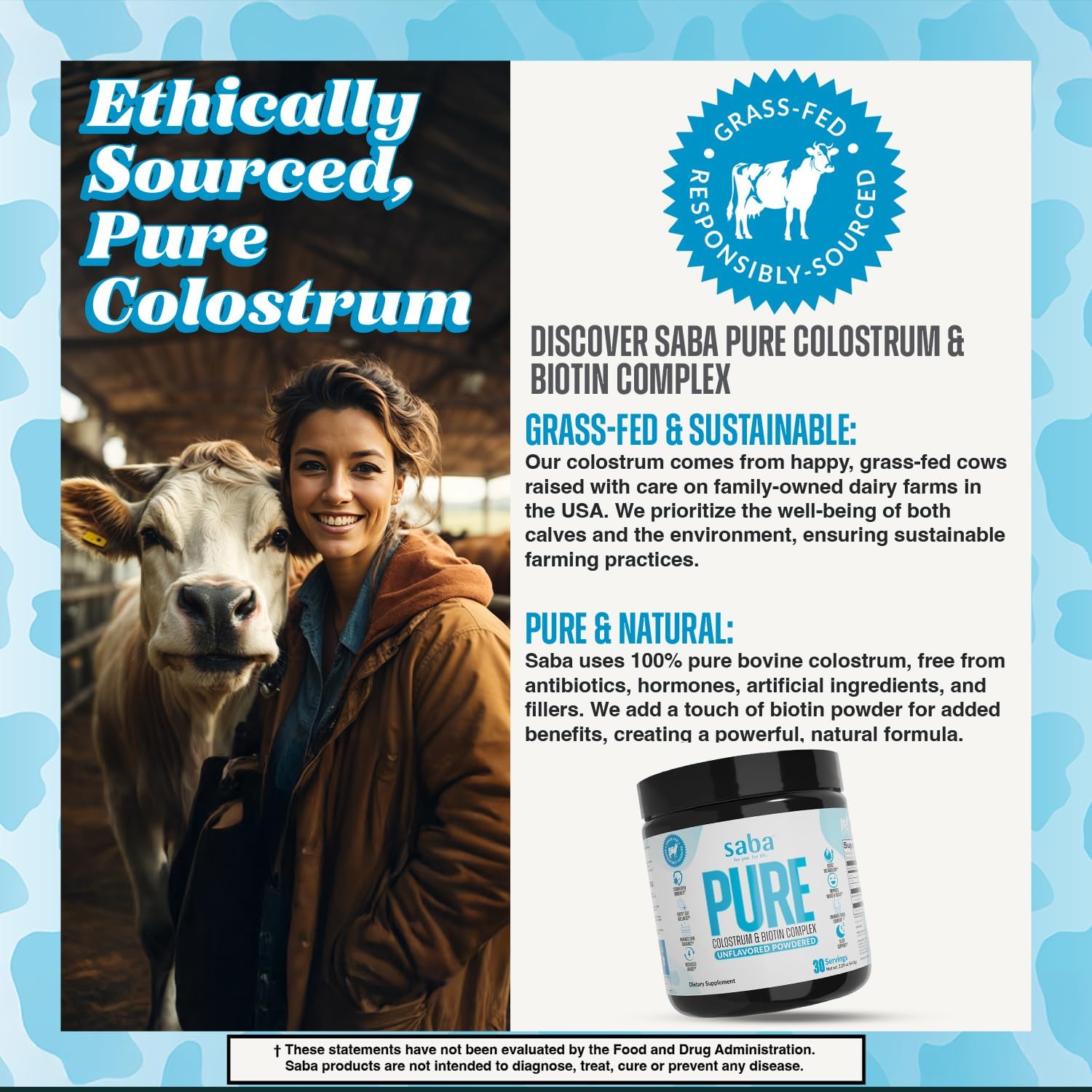 Saba Pure Colostrum & Biotin Complex – Sin sabor, 60 dosis