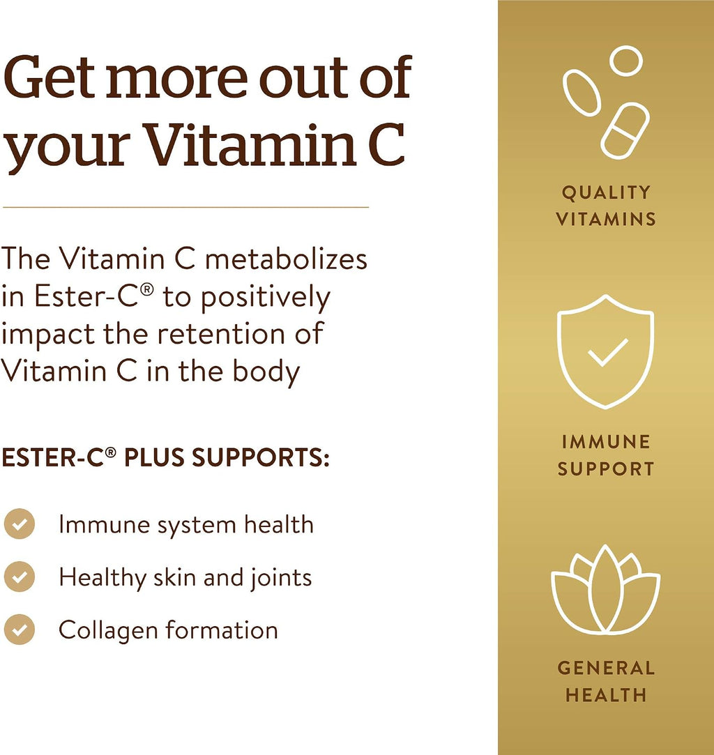 Solgar Ester-C Plus 1000 mg Vitamina C (Complejo de ascorbato), 60 tabletas - Suave para el estómago y no ácida - Apoyo antioxidante e inmunitario - No transgénico, vegano, sin gluten, kosher