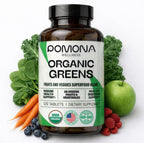 Pomona Wellness Super Greens Suplemento, 28 Superalimentos Orgánicos, Vitaminas y Minerales, Frutas y Verduras, Para la Digestión y Salud Intestinal, USDA Orgánico, No-GMO, 60 Comprimidos