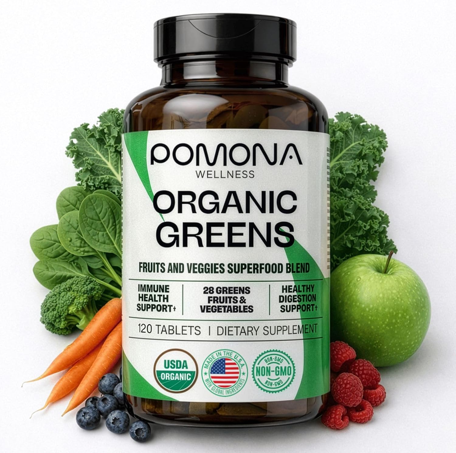 Pomona Wellness Super Greens Suplemento, 28 Superalimentos Orgánicos, Vitaminas y Minerales, Frutas y Verduras, Para la Digestión y Salud Intestinal, USDA Orgánico, No-GMO, 60 Comprimidos