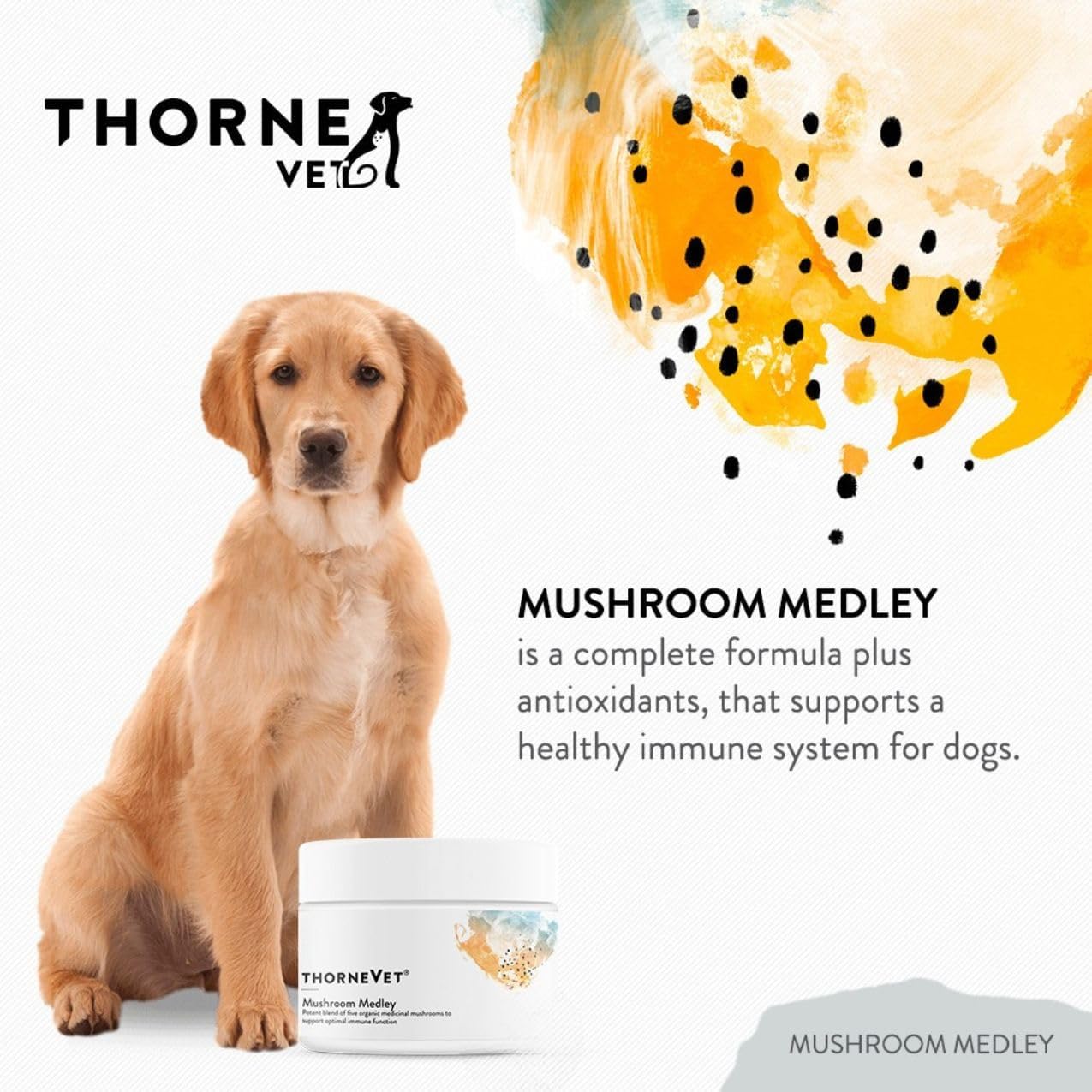 ThorneVet Mushroom Medley para Perros - Apoyo Inmunológico y Antioxidantes - con Reishi, Cola de Pavo, Cordyceps, Maitake y Chaga - Apoyo para Perros en Tratamiento contra el Cáncer - 120 Dosis