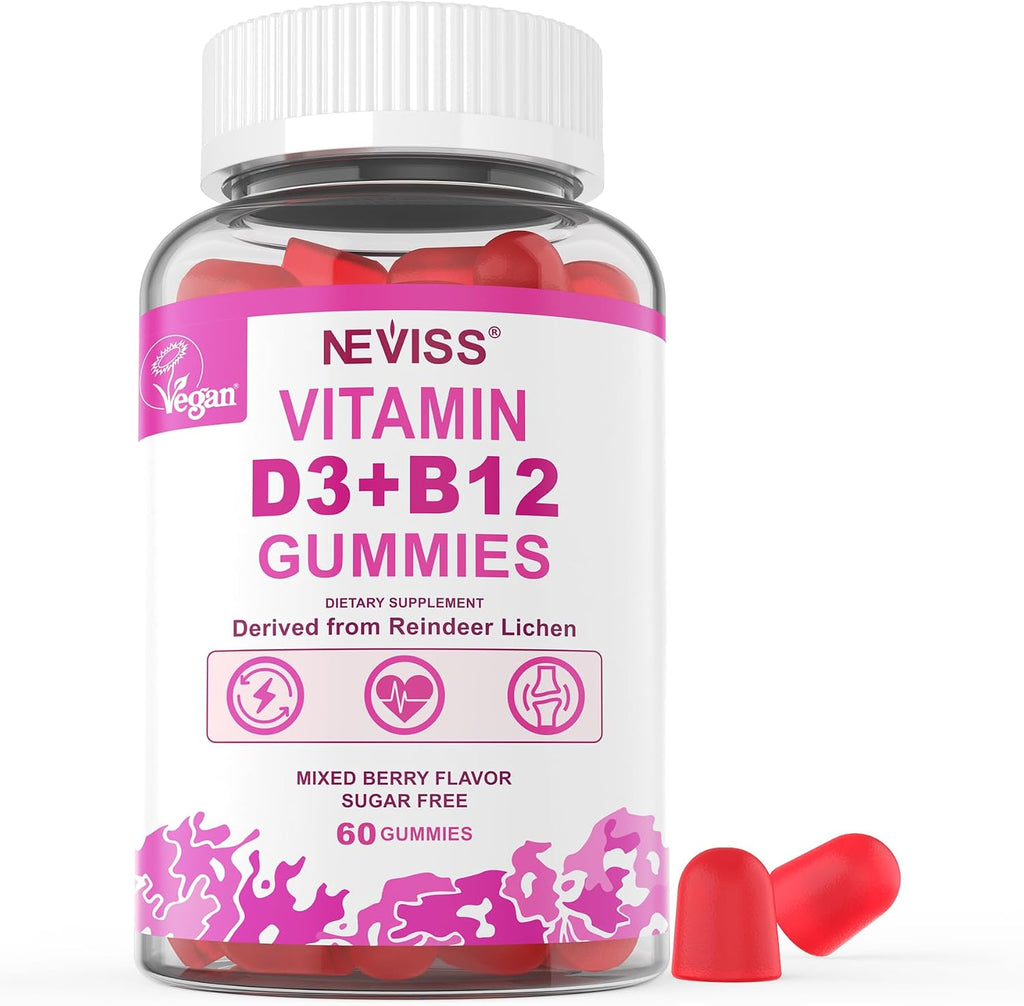 NEVISS 2Pack Gominolas Veganas de Vitamina D3 + B12, Alta Potencia D3 5000IU y 1000 mcg de B12 Metilada, para Adultos, Apoya la Salud Ósea, Inmunidad y Energía, 120 Unidades