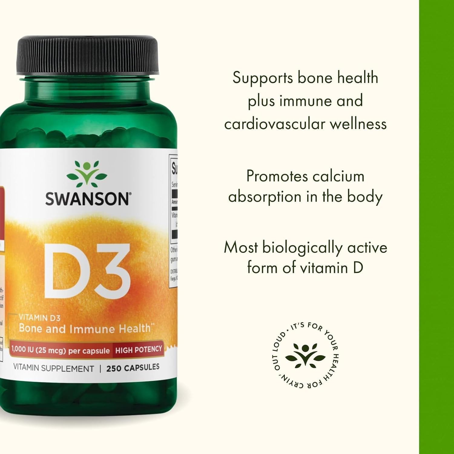 Swanson Vitamina D3 1000 UI - 250 Cápsulas Blandas
