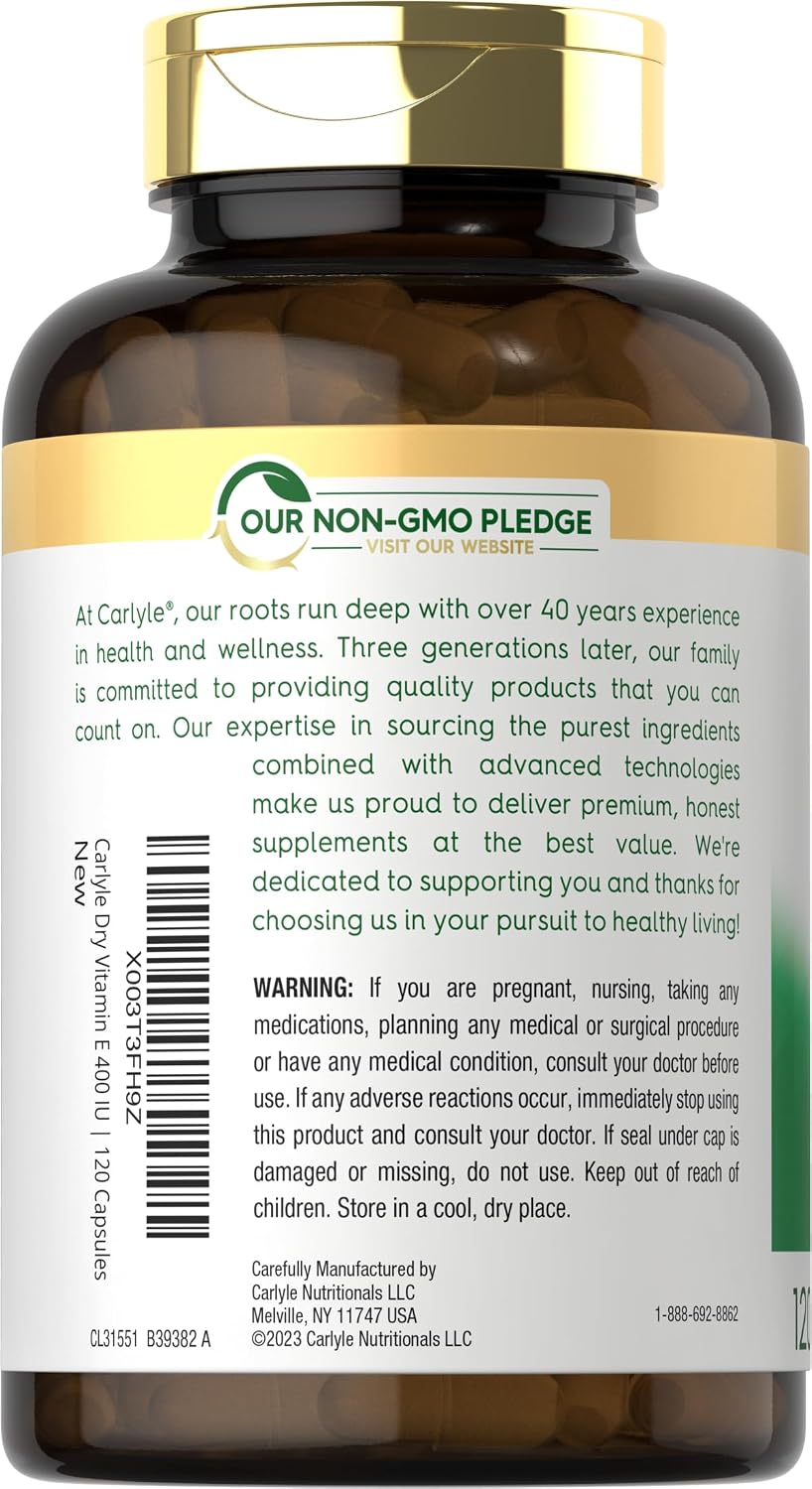 Carlyle Dry Vitamin E 400 UI | 120 Cápsulas | D-Alfa Tocoferilo | Fórmula de Alta Potencia | No-GMO y Sin Gluten