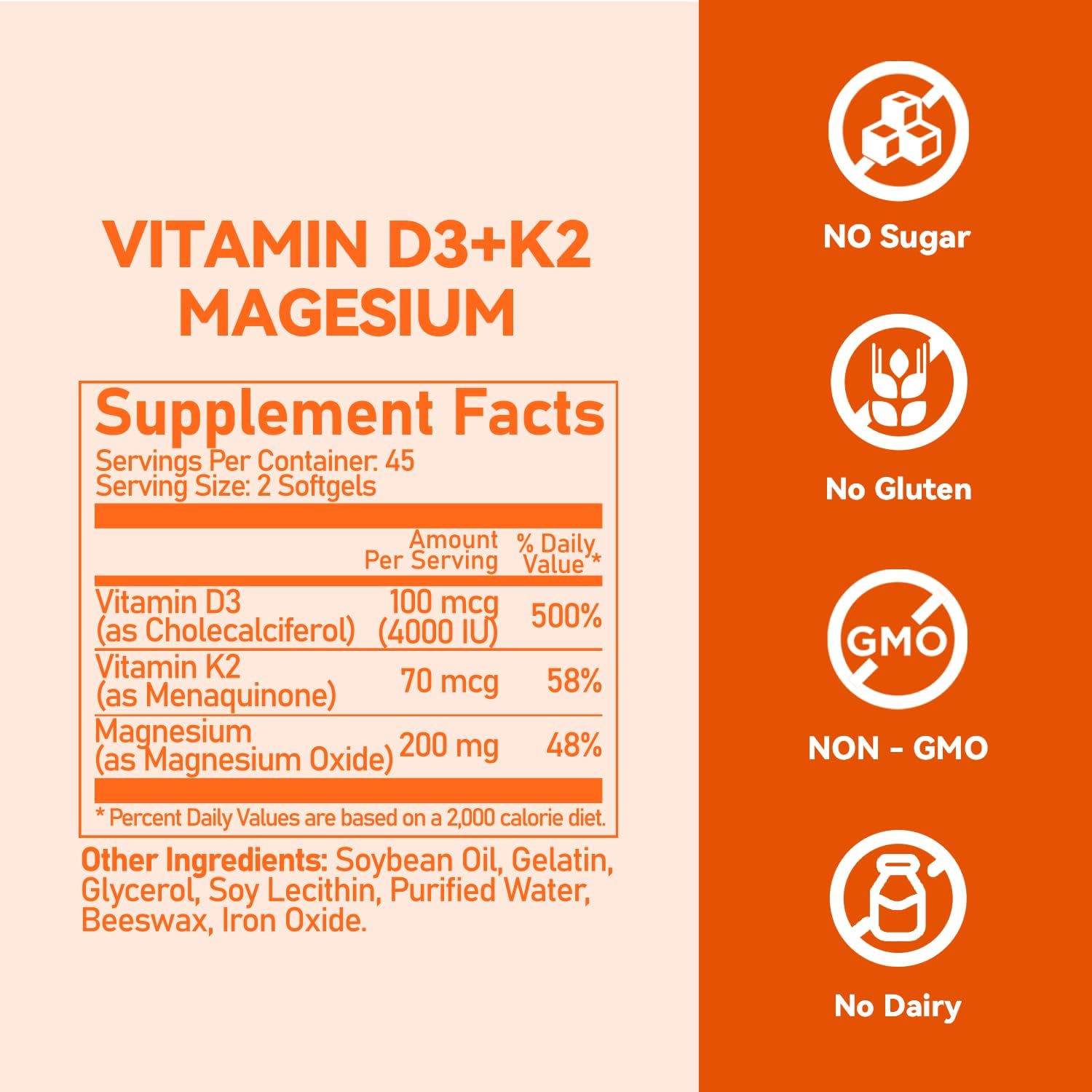 Vevoec Vitamina D3 K2 4000IU con Magnesio 200mg - 90 Cápsulas Blandas