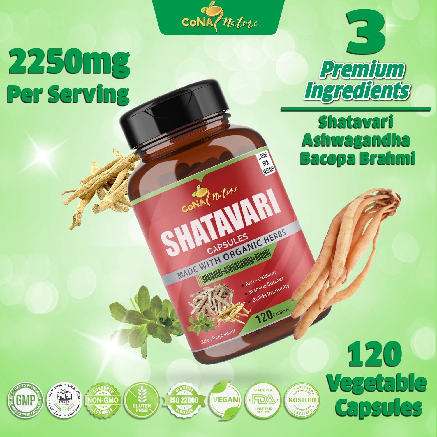 Cona Nature Organic Shatavari Powder Capsules 2250 mg con Ashwagandha y Brahmi | Apoyo a la salud femenina, 120 cápsulas veganas