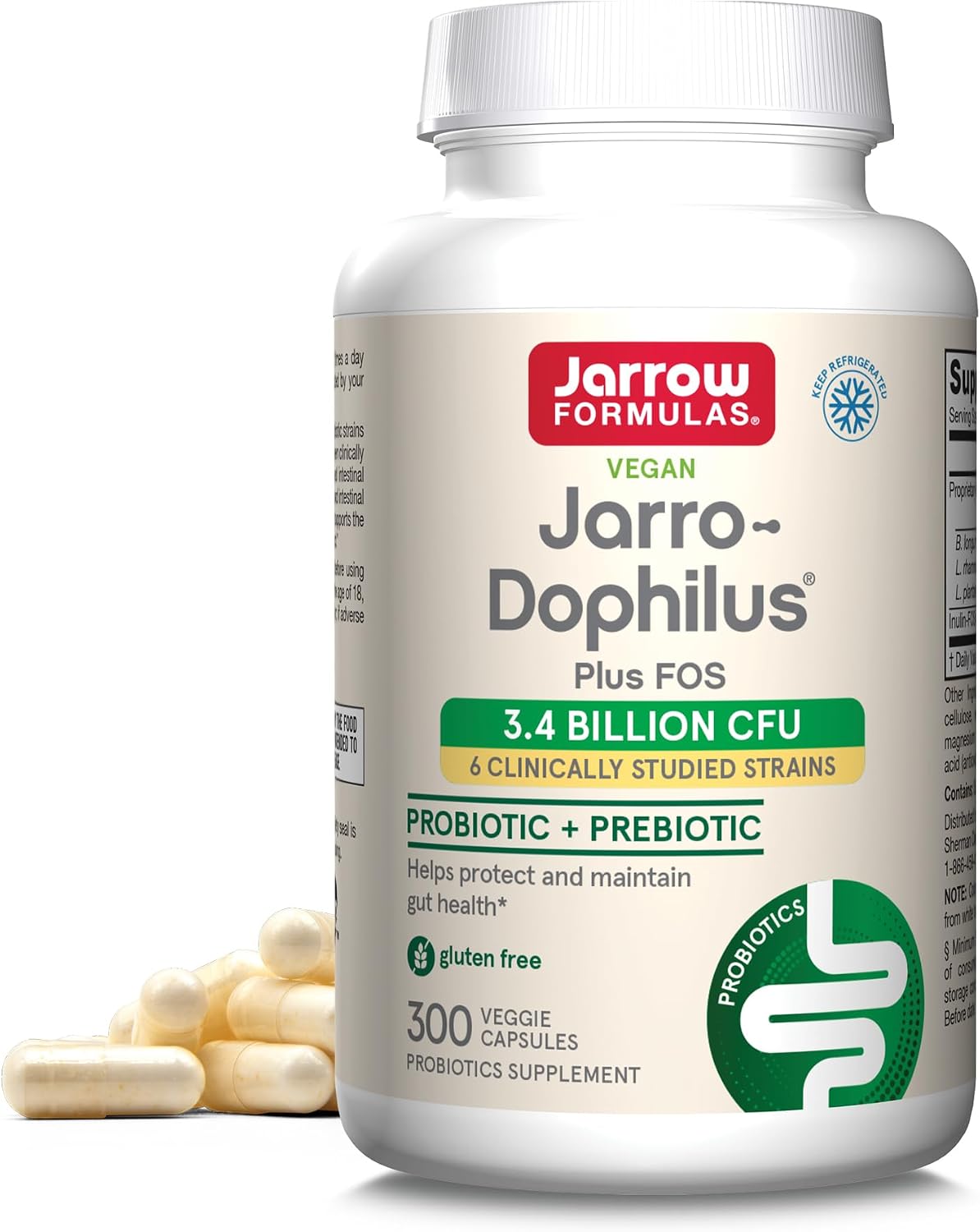 Jarrow Formulas Jarro-Dophilus + FOS - 3.4 Billion CFU Per Dose - Probiotic and Prebiotic Supplement - 300 Vegetarian Capsules