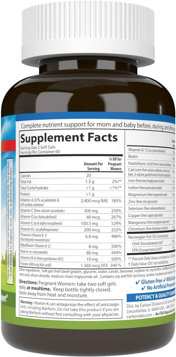 Carlson Labs Multivitamínico Prenatal con DHA, 120 Cápsulas Blandas