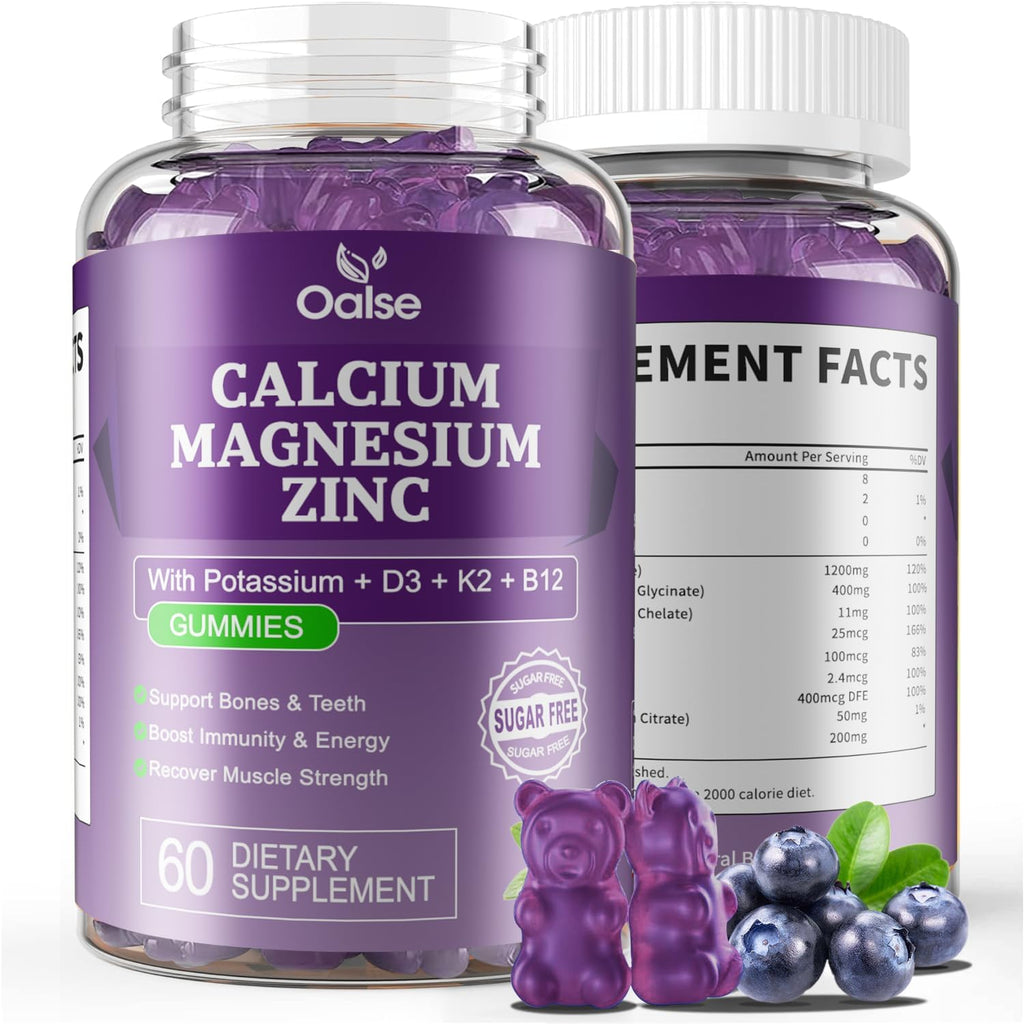OALSE Gomitas de Calcio Magnesio Zinc con Vitamina D3 y K2 | Glicinato de Magnesio | Sin Azúcar | Sabor Arándano