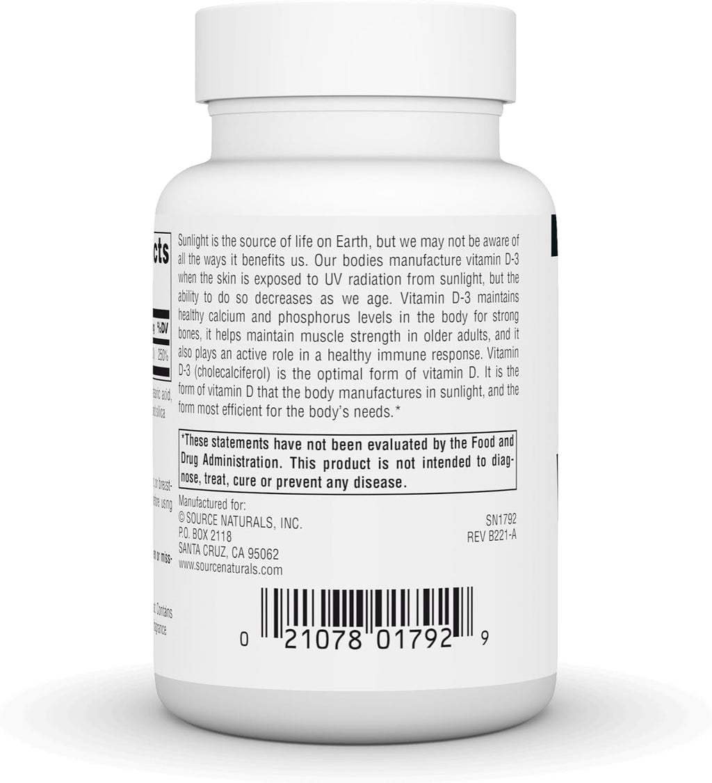 Source Naturals Vitamina D-3 1000 UI (25 mcg) - 200 Comprimidos