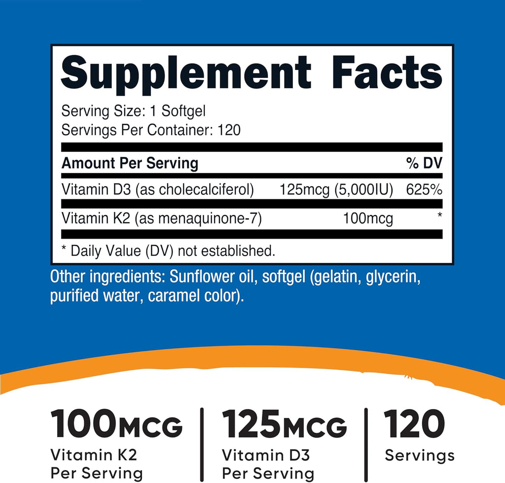 Nutricost Vitamina D3 + K2 (5000 UI D3 / 100 mcg MK7), 120 Cápsulas Blandas – Sin Gluten y No GMO