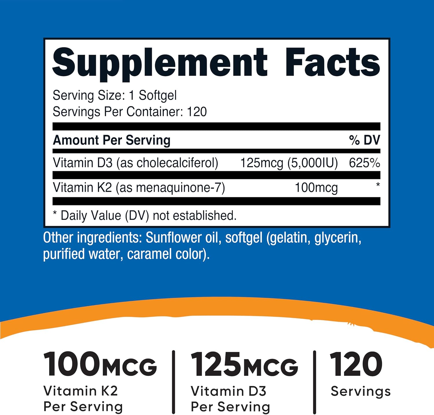 Nutricost Vitamina D3 + K2 (5000 UI D3 / 100 mcg MK7), 120 Cápsulas Blandas – Sin Gluten y No GMO