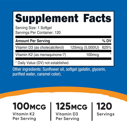 Nutricost Vitamina D3 + K2 (5000 UI D3 / 100 mcg MK7), 120 Cápsulas Blandas – Sin Gluten y No GMO – Image 2