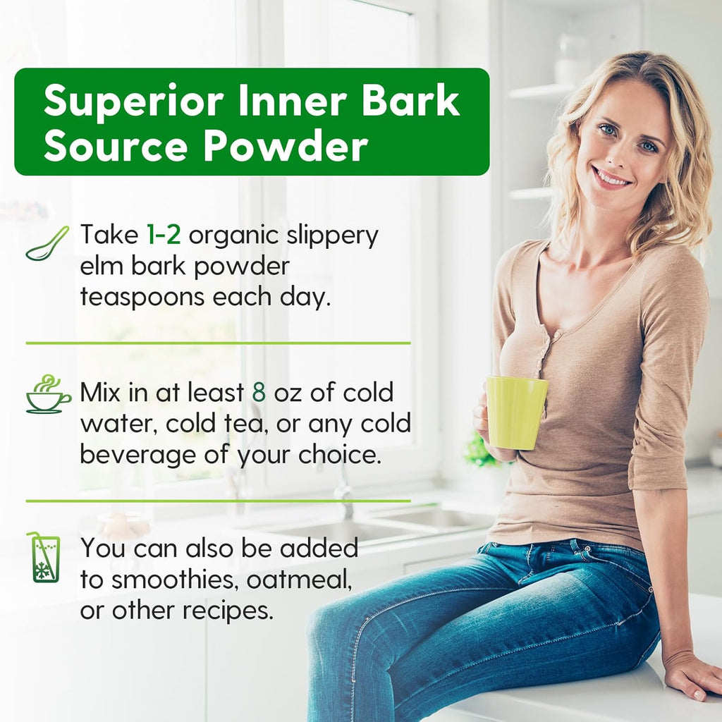 Slippery Elm en Polvo: Corteza Interior Superior 100% Pura, Vegana y sin OGM (1 lb / 349 porciones)