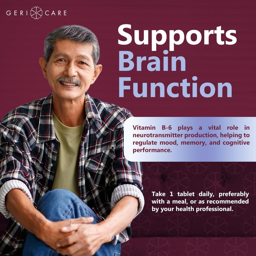 GeriCare Vitamina B-6 50 mg - Apoyo Nutricional para la Función Cerebral, Metabolismo y Sistema Nervioso - 100 Comprimidos