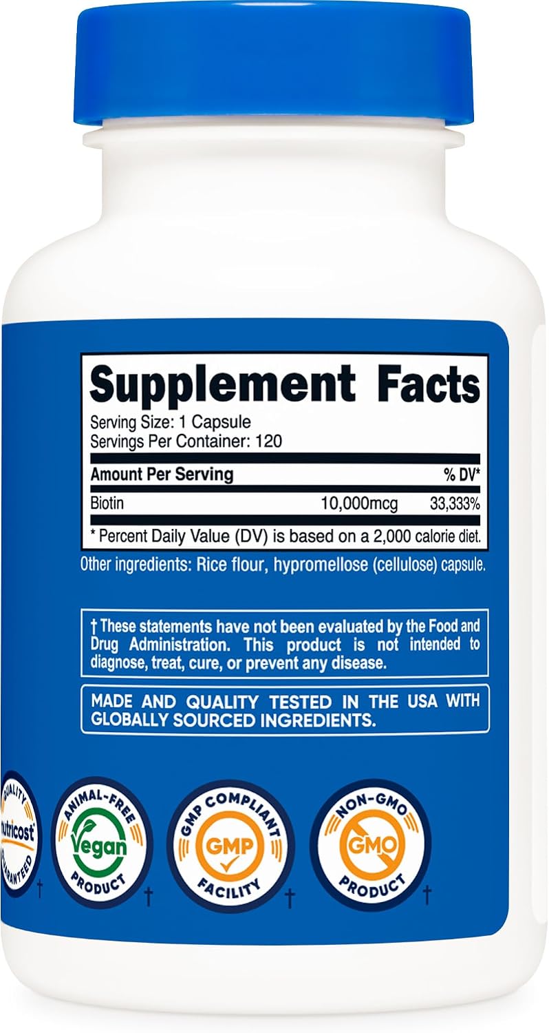 Nutricost Biotin (Vitamina B7) 10.000 mcg (10 mg), 120 Cápsulas - Vegano, Sin Gluten, No-GMO