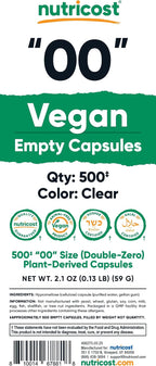 Nutricost Cápsulas Vacías Veganas Tamaño 00 - 500 Cápsulas Vegetales Transparentes - Certificado Kosher, Halal, No GMO, Sin Soja, Sin Gluten, Vegano
