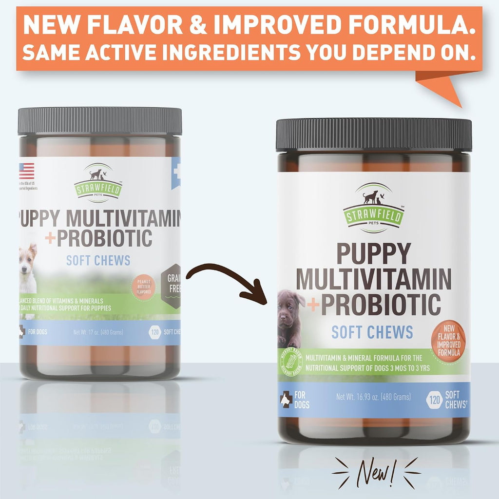 Strawfield Pets' Multivitamínico + Probióticos para Cachorros - Apoyo Articular y Digestivo - Sabor Bacon - 120 Masticables Blandas