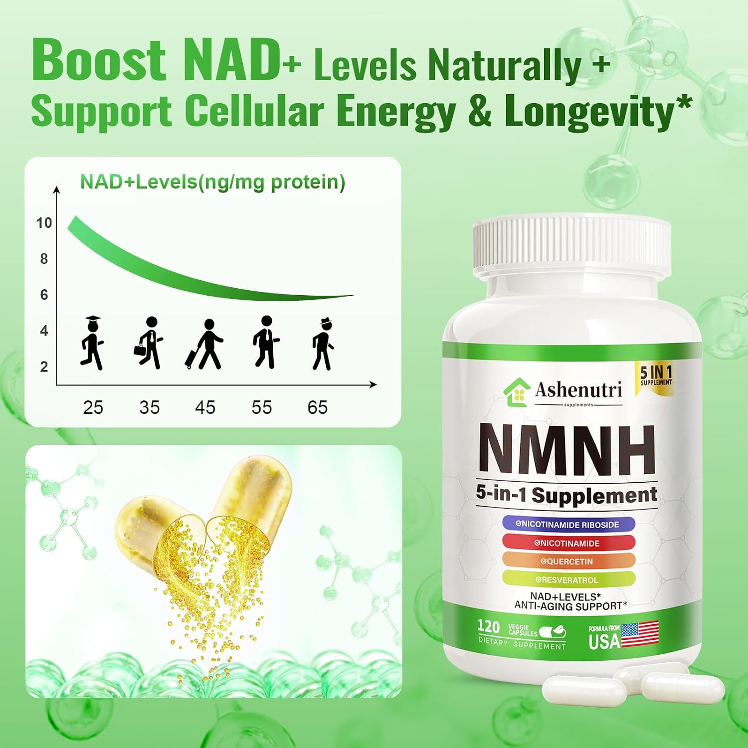 NMNH (Dihidronicotinamida Mononucleótido) con Niacinamida, Quercetina y Resveratrol - Apoyo NAD+ - 120 Cápsulas