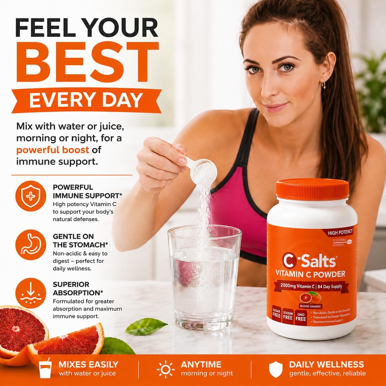 C-Salts Vitamina C en Polvo Tamponada - Sabor Naranja Sangre, 26 oz (735 g) - 272 Servicios