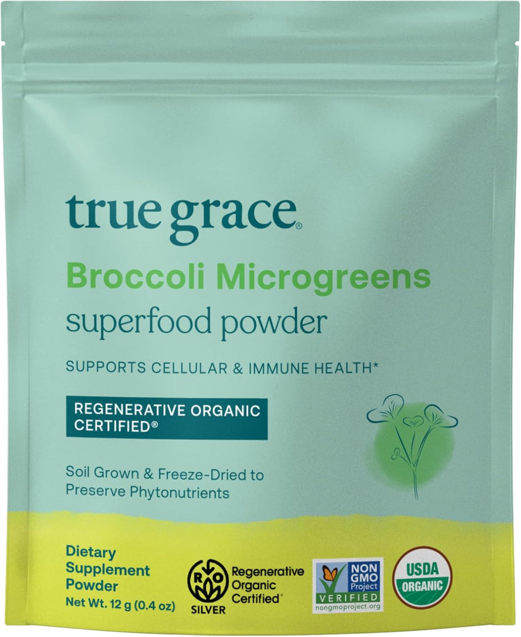True Grace Broccoli Microgreens - Polvo Superalimento Diario - 0.4 oz (11g) - 30 Servicios