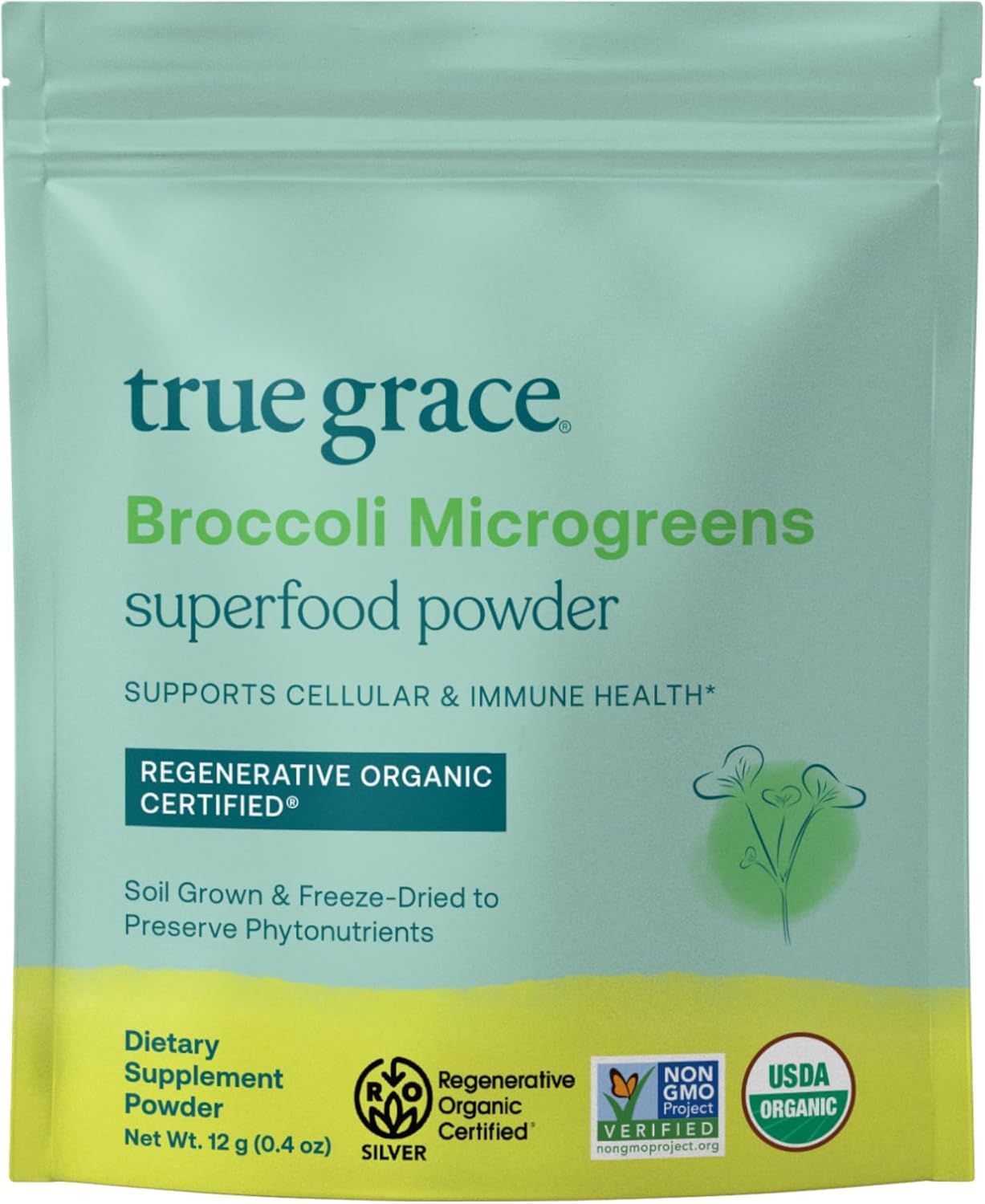 True Grace Broccoli Microgreens - Polvo Superalimento Diario - 0.4 oz (11g) - 30 Servicios