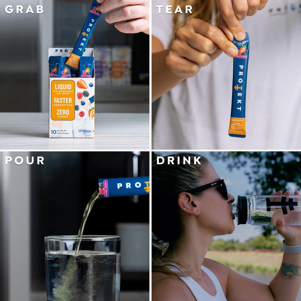 PROTEKT Suplemento Líquido de Apoyo Inmunológico - Mezcla Líquida, Sin Azúcar, con Vitamina C y Zinc, Sabor Mixed Berry, 10 sobres