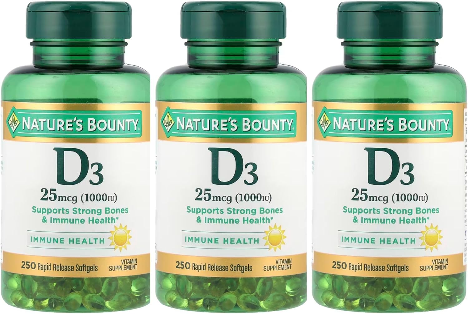 Nature's Bounty Vitamina D3 1000 IU, 250 Cápsulas Blandas de Liberación Rápida (Pack de 3)