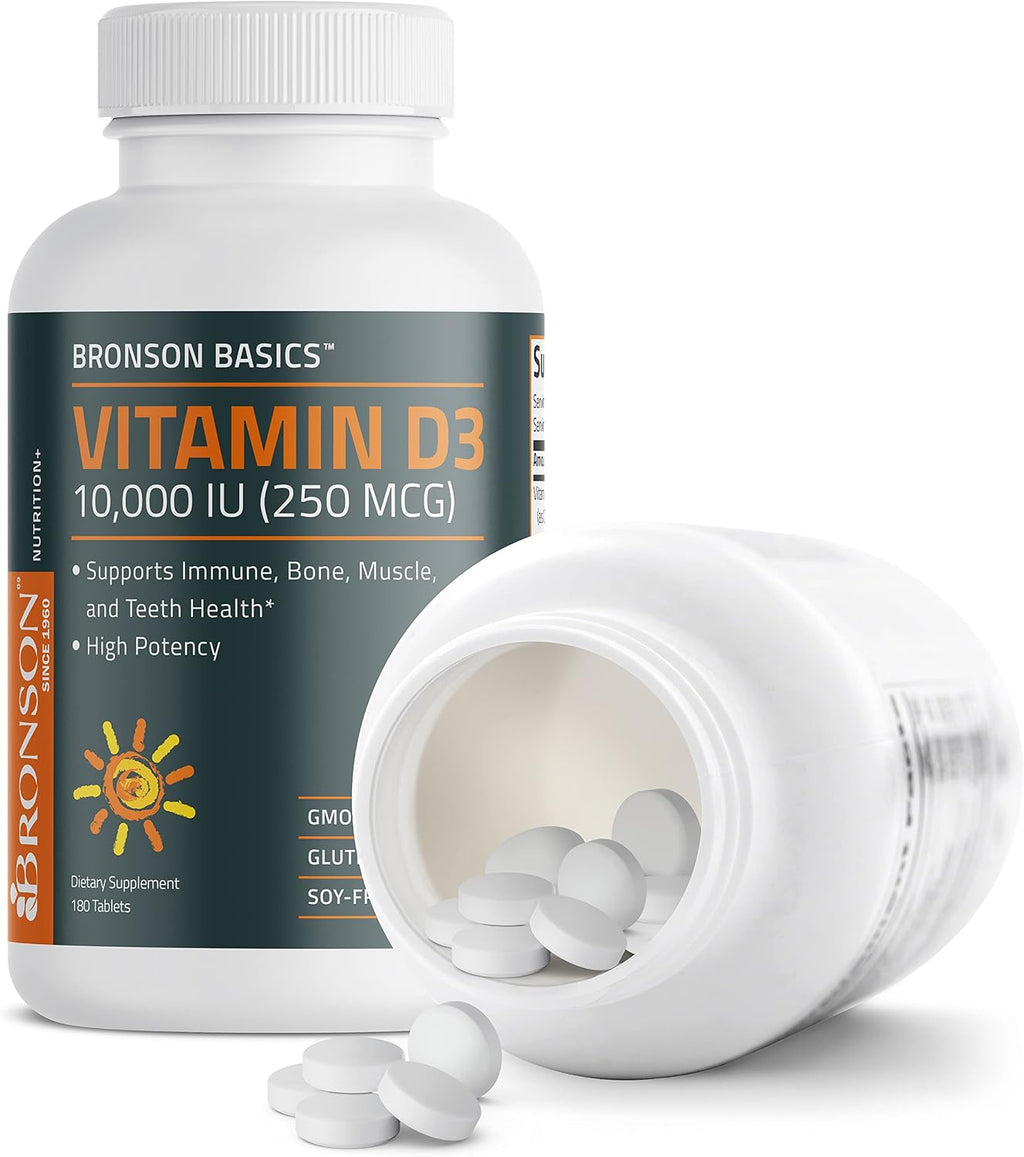 Bronson Vitamina D3 10.000 UI (250 mcg) - 180 Comprimidos para el Mantenimiento de la Función Muscular y el Sistema Inmunitario