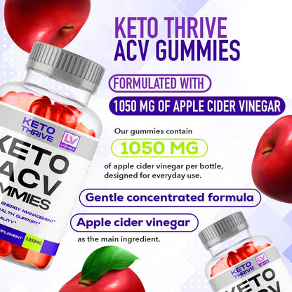 3 Pack - Keto Thrive ACV Gummies, Gominolas de Vinagre de Manzana 1050mg, 60 Gomitas por Botella