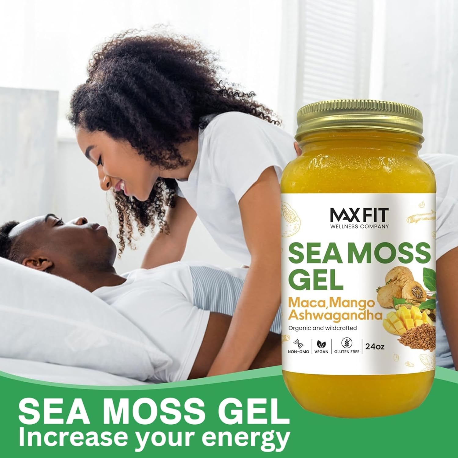 MAX FIT Gel de Sea Moss con Maca y Ashwagandha – 24 oz (680 g) – Silvestre de Santa Lucía – 92 Vitaminas y Minerales – Puro y No GMO