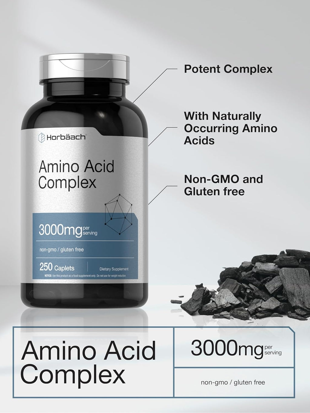 Horbäach Complejo de Aminoácidos 3000mg | 250 Caplets | Sin Gluten, No-GMO