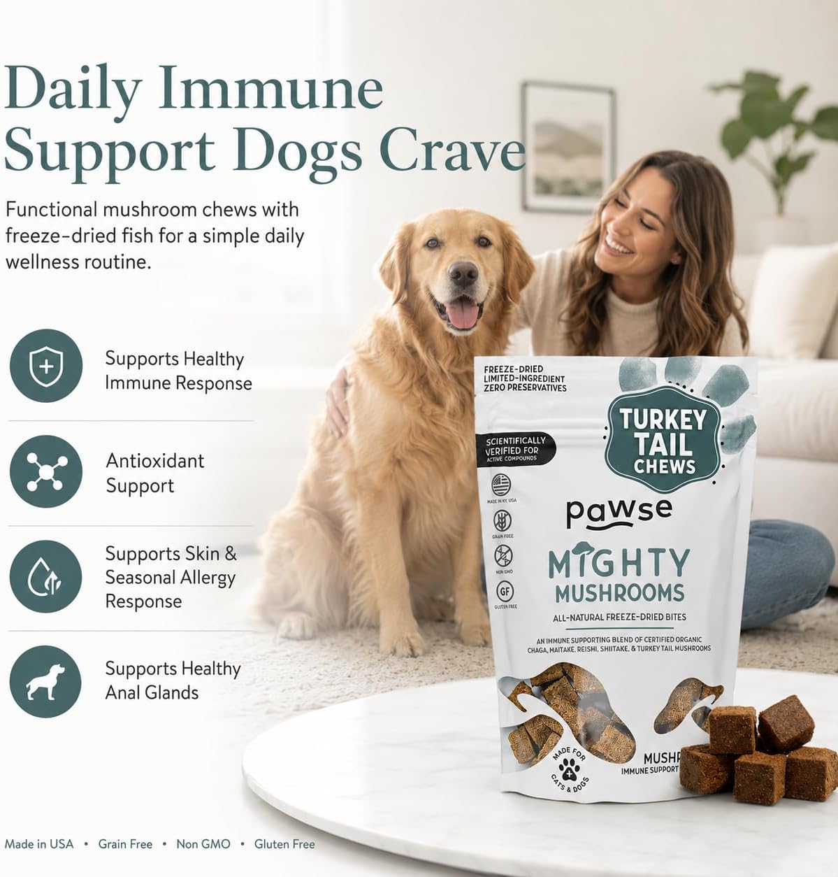 Pawse Mighty Mushroom Chews Supplement for Dogs & Cats | Blend of Turkey Tail, Reishi, Chaga, Maitake & Shiitake | for – Image 3