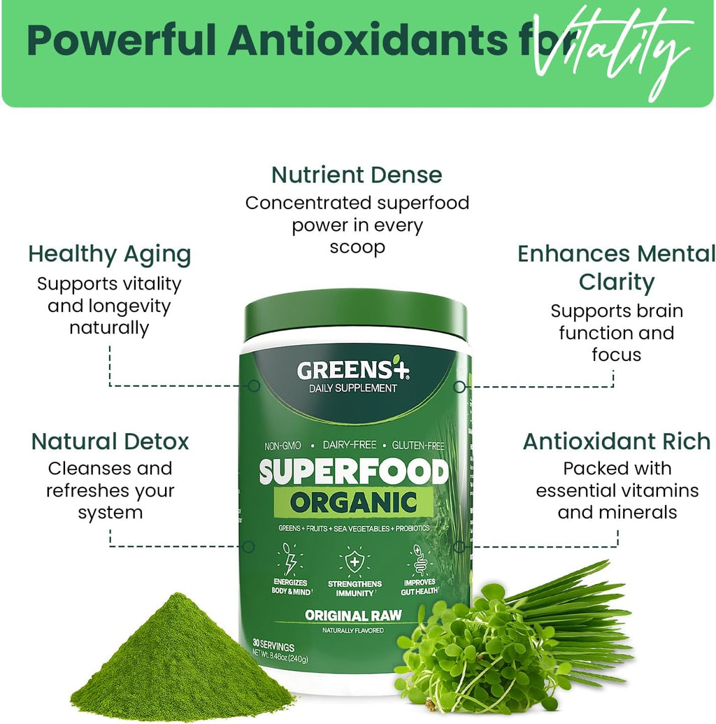 Greens+ Polvo de superalimento orgánico RAW - Superalimento Orgánico en Polvo (240 g)