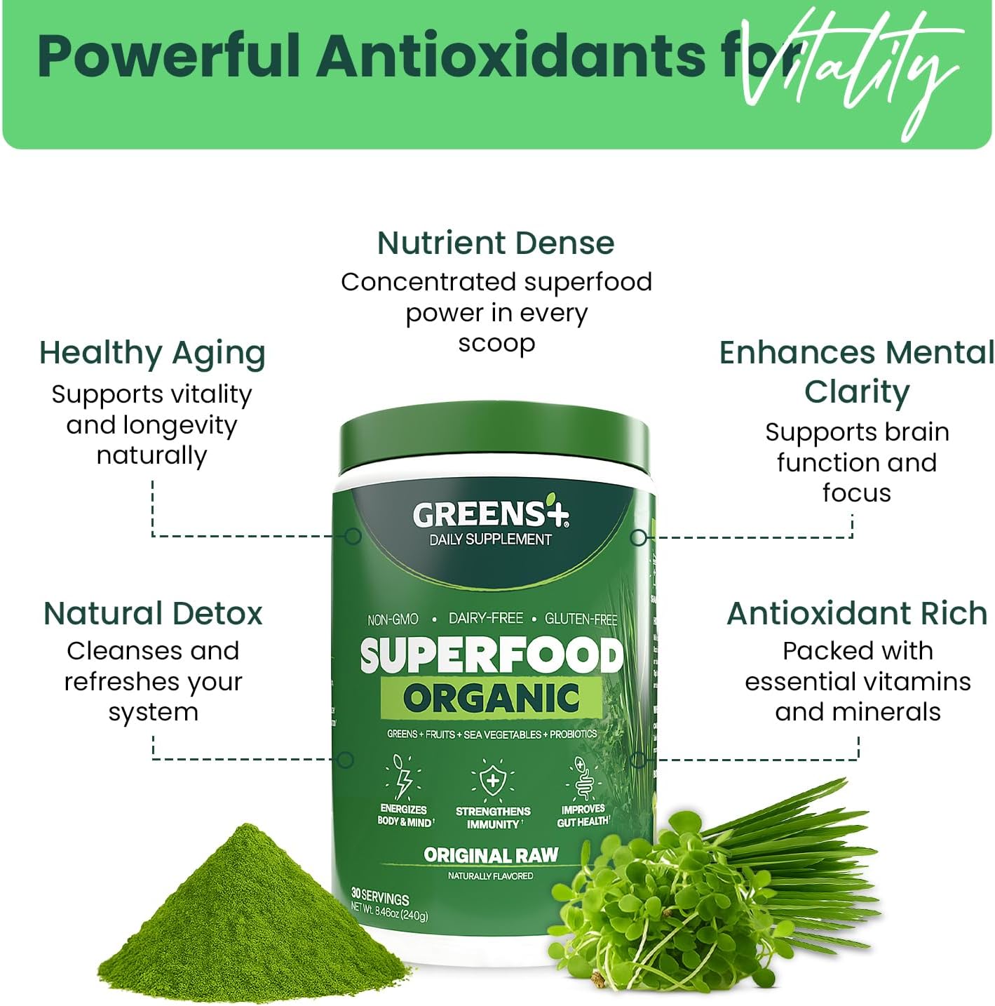 Greens+ Polvo de superalimento orgánico RAW - Superalimento Orgánico en Polvo (240 g)