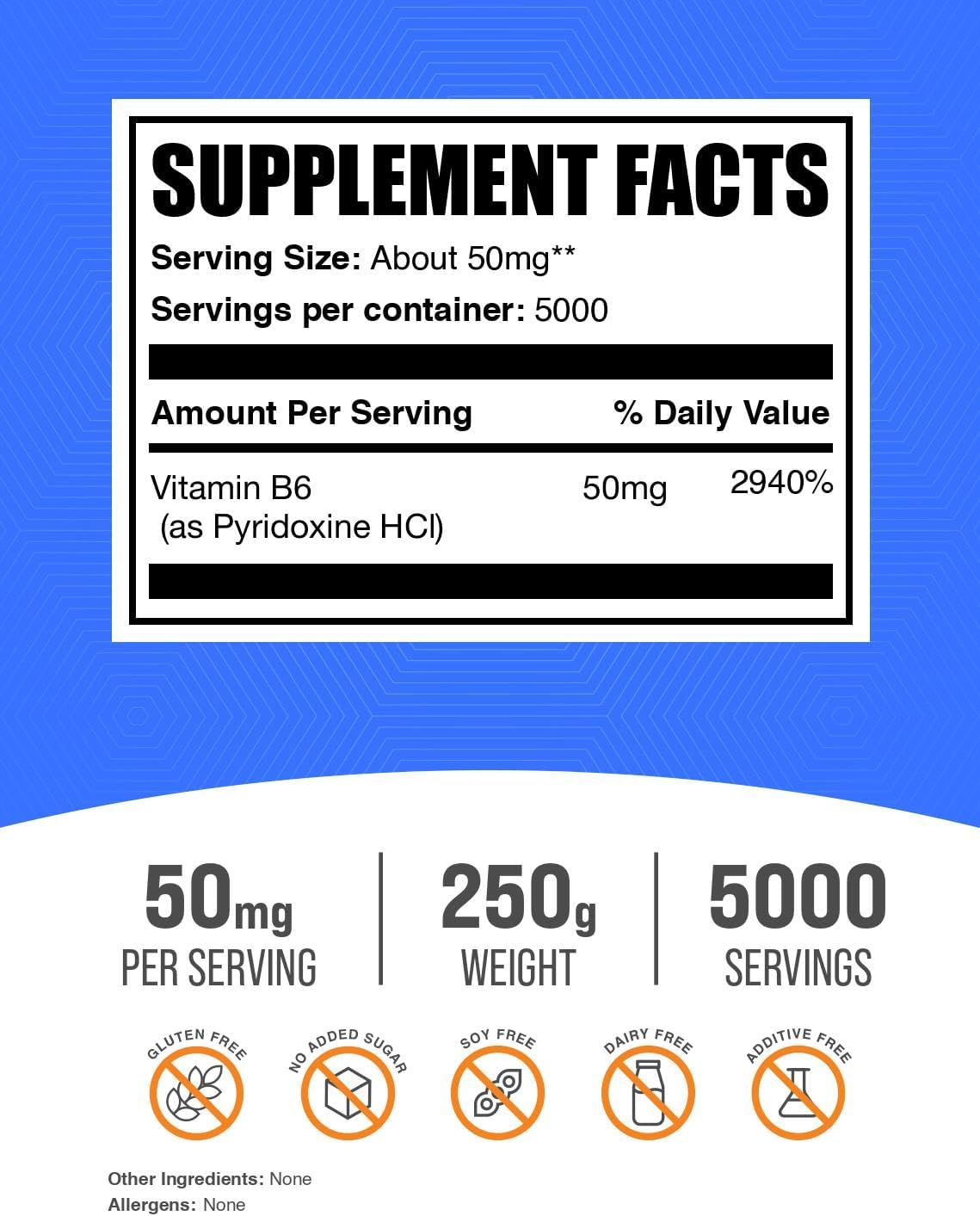 BulkSupplements.com Piridoxina HCl en Polvo - Suplemento de Vitamina B6 - 50 mg por ración - Sin Gluten - 250 g