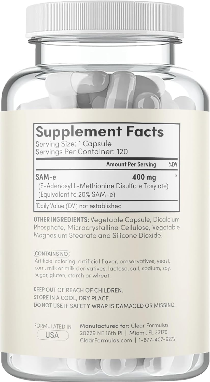 Clear Formulas Bioactive SAM-e 400mg - Alta concentración, forma S,S activa (120 cápsulas)