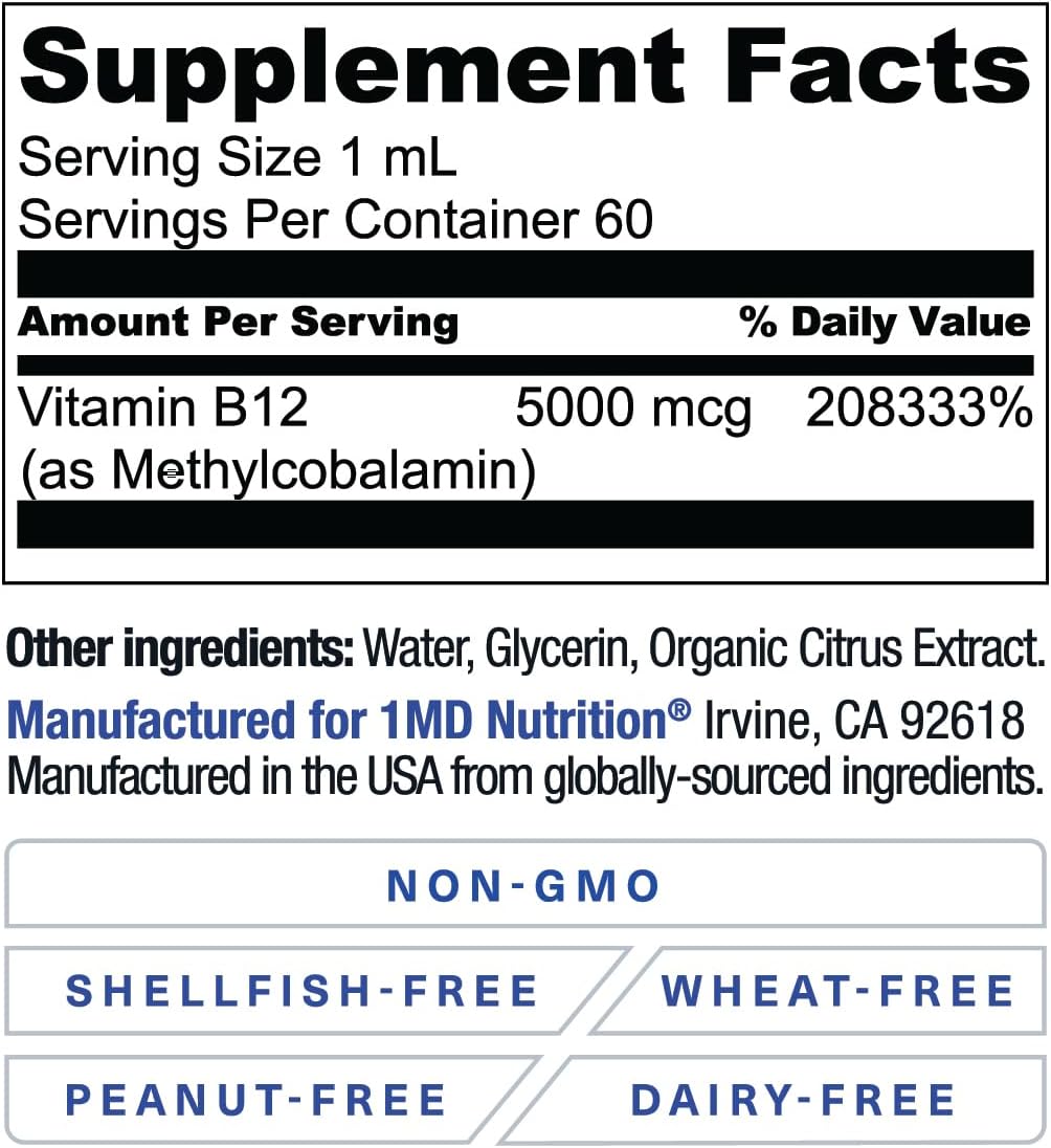 1MD Nutrition Vitamina B12 Vegana | 5000mcg Metilcobalamina | Energía y Apoyo Inmunológico