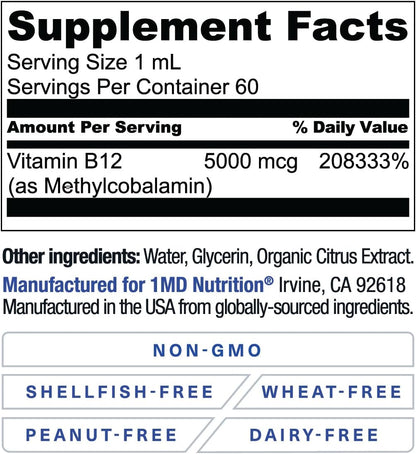 1MD Nutrition Vitamina B12 Vegana | 5000mcg Metilcobalamina | Energía y Apoyo Inmunológico