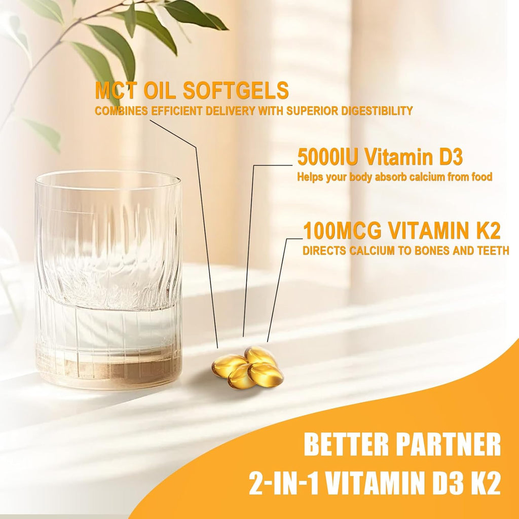BIO POTENTIA Vitamina D3 K2 con Aceite MCT, 5000 UI D3 + 100 mcg K2 (MK-7), 60 Cápsulas