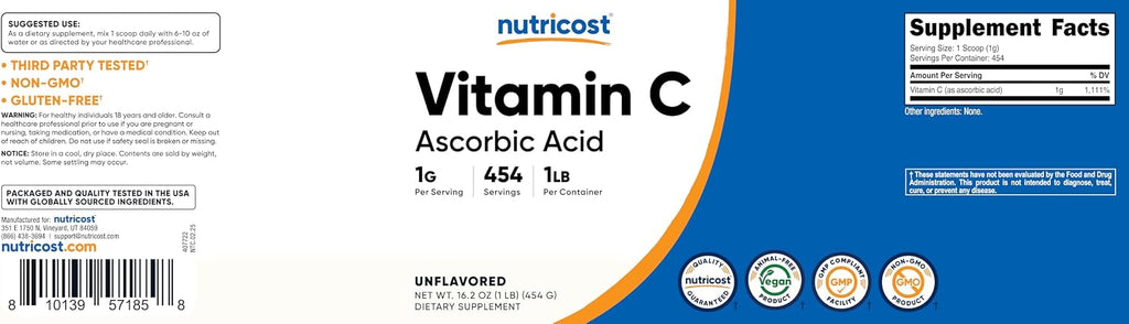 Nutricost Ácido Ascórbico Puro en Polvo (Vitamina C) - 454g