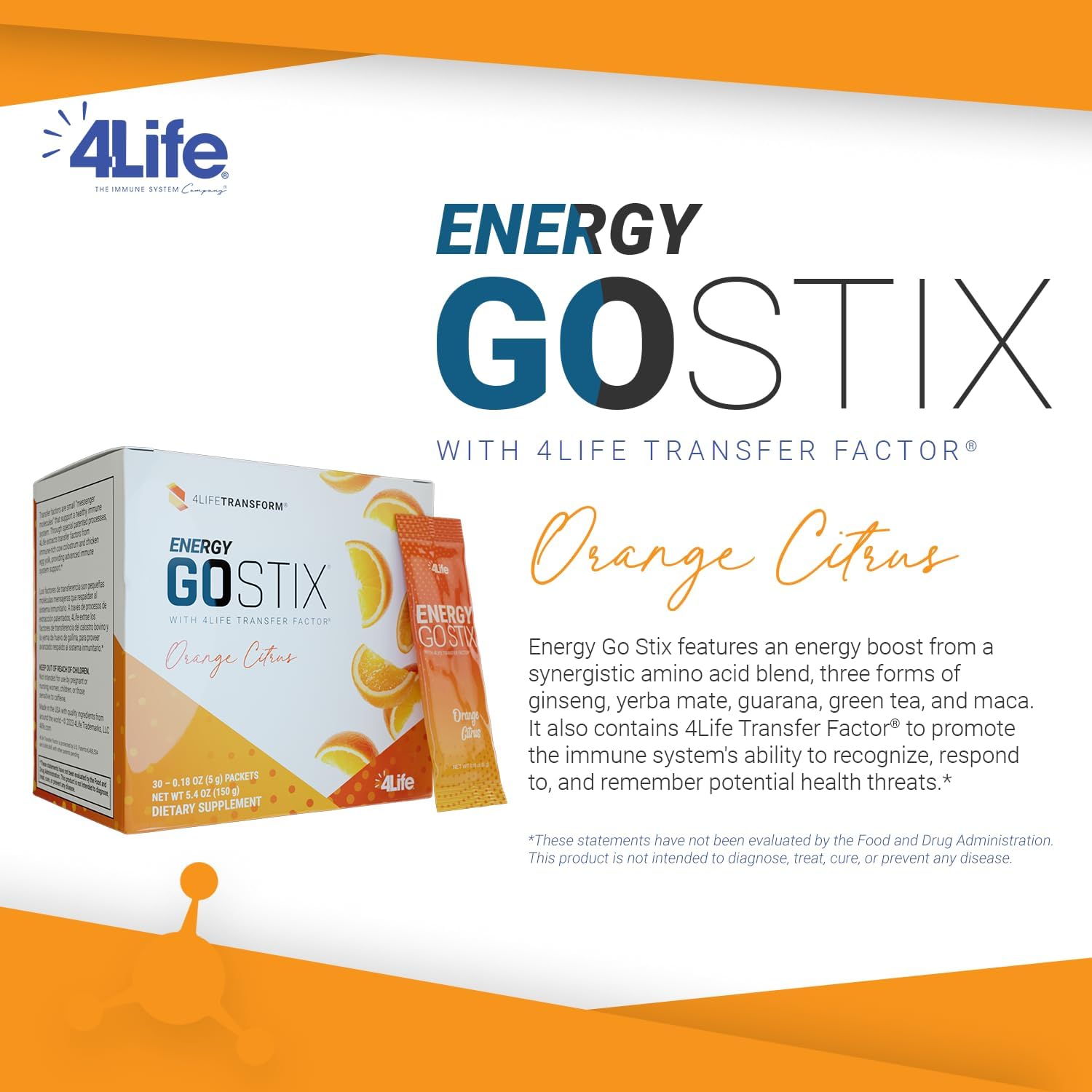 4Life Energy Go Stix Mezcla de bebida de naranja cítrica con aminoácidos, 30 sobres