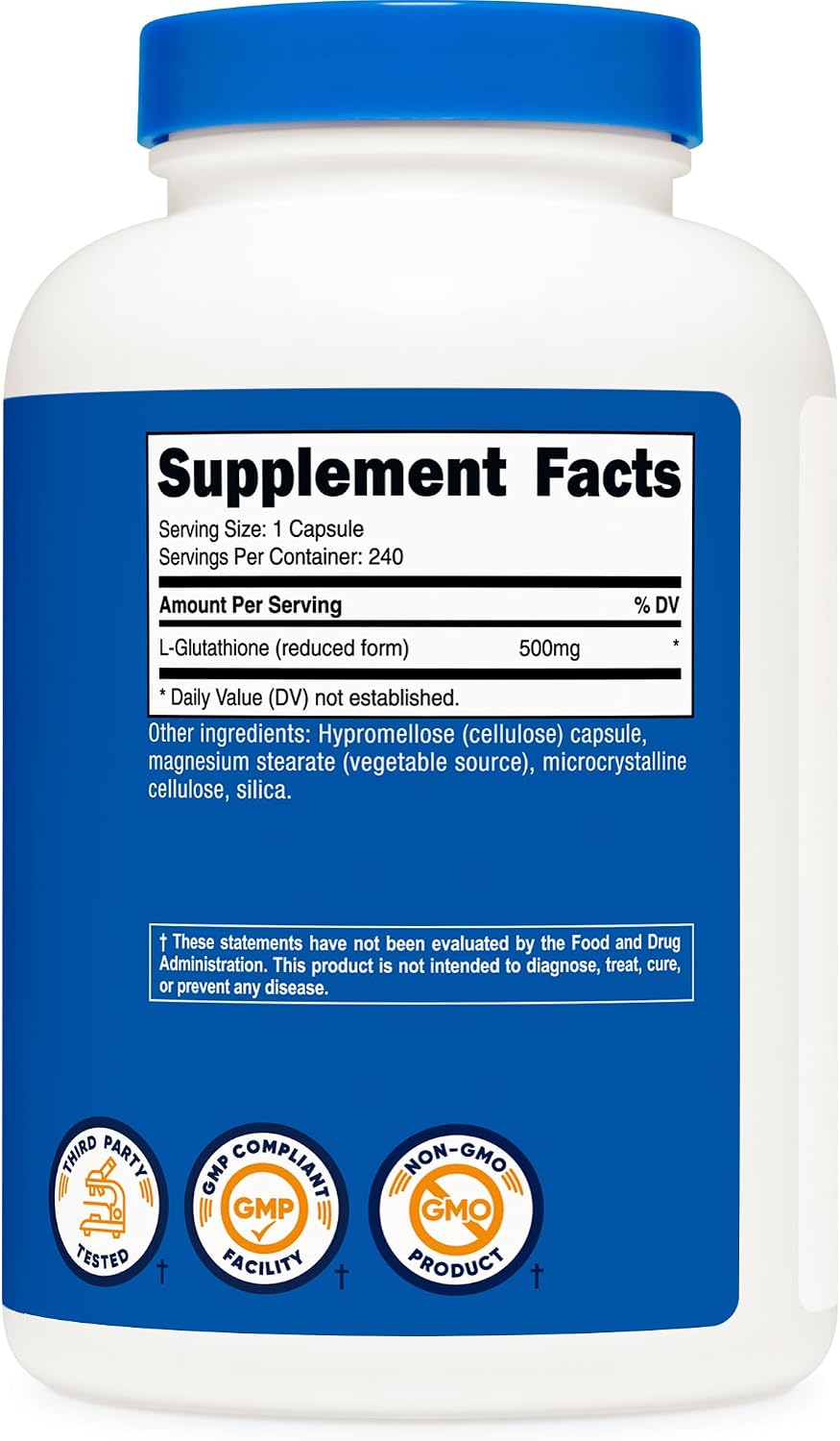 Nutricost Glutatión 500mg, 240 Cápsulas - Sin Gluten, No GMO