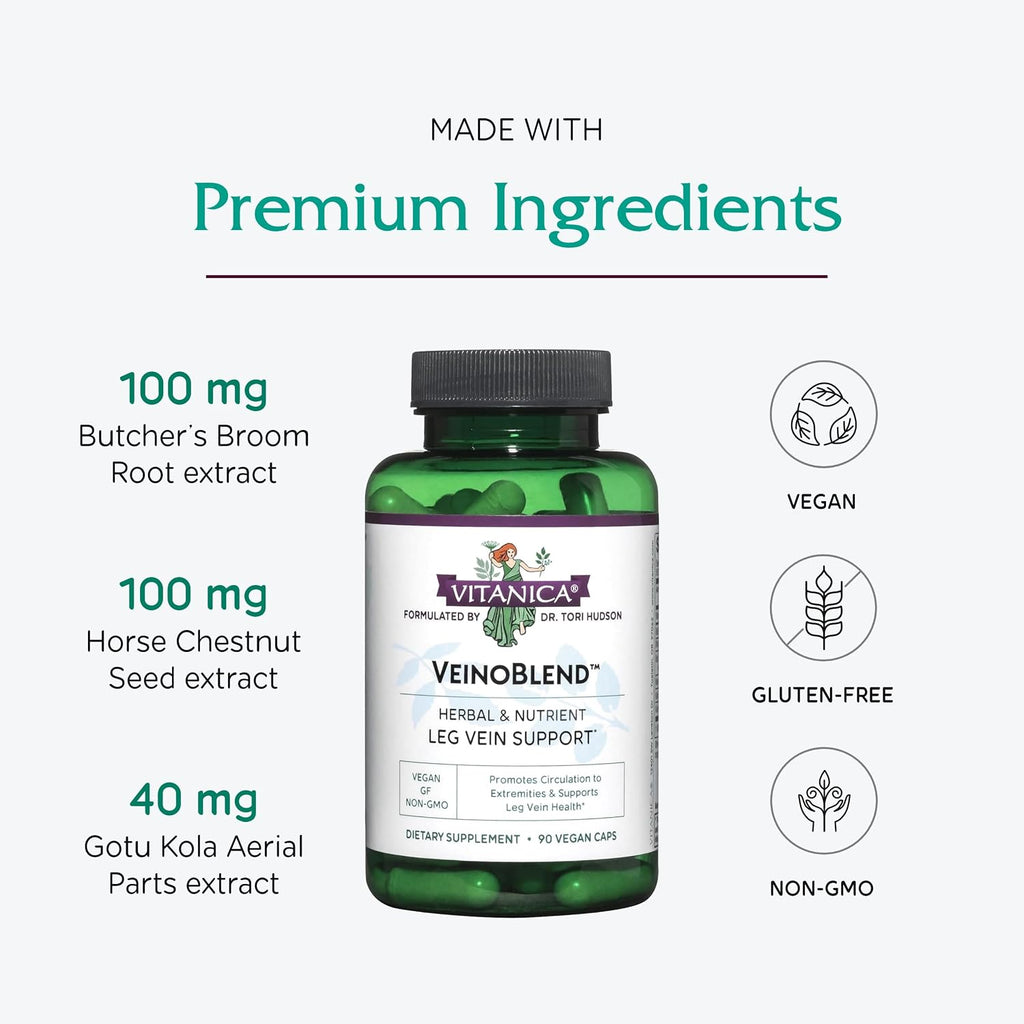 Vitanica VeinoBlend - Suplemento circulatorio con Bromelina, Gotu Kola y Vitamina C - 90 cápsulas
