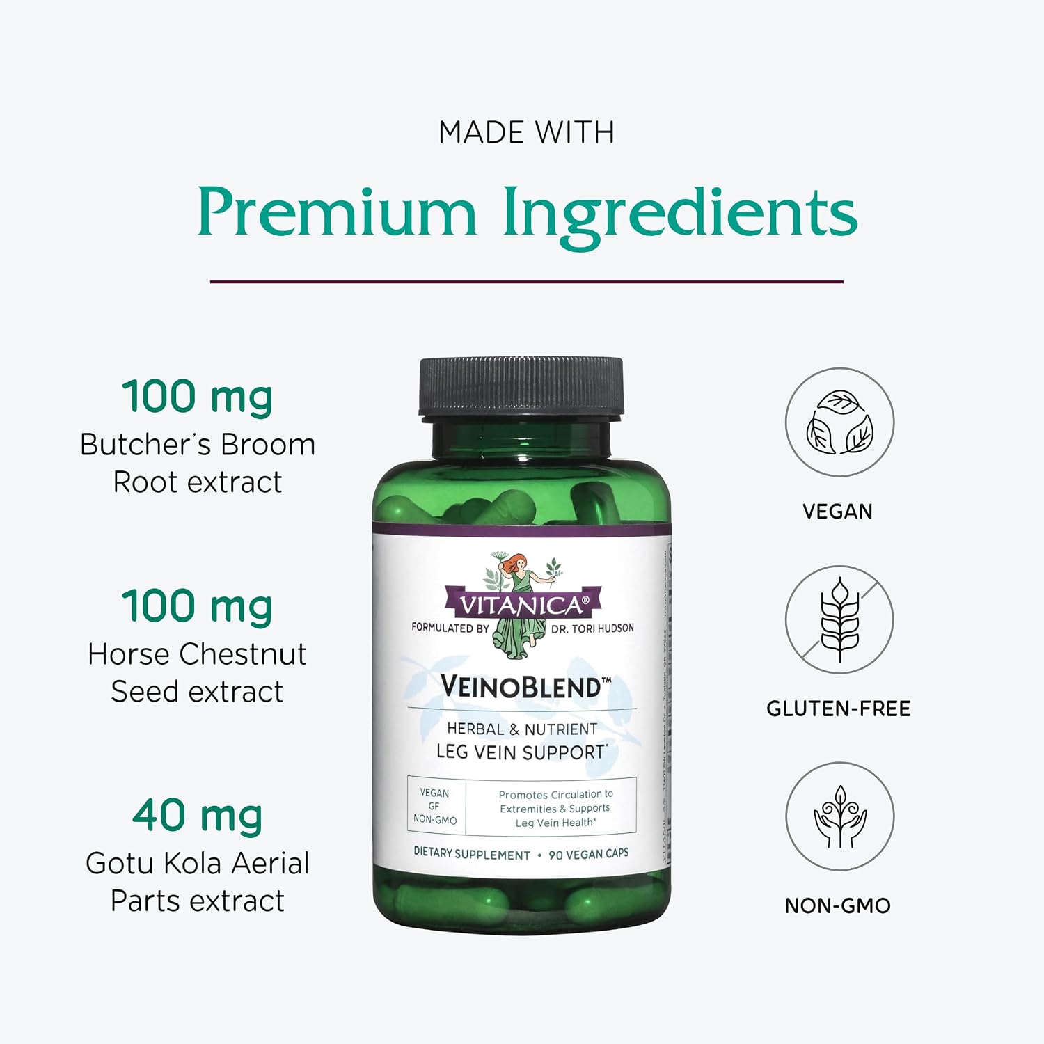 Vitanica VeinoBlend - Suplemento circulatorio con Bromelina, Gotu Kola y Vitamina C - 90 cápsulas